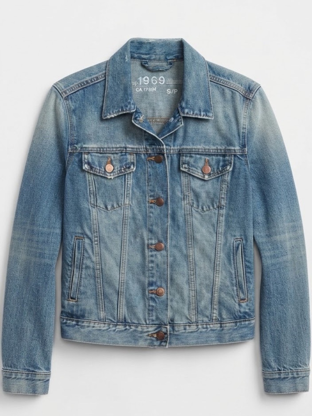Gap 1969 Medium Wash Distressed Denim Trucker Jacket Y2K Vintage Style / Size S